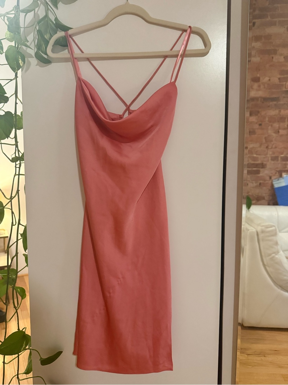 STAUD Bellamy Coral Pink Satin Slip Dress with Cowl Neck